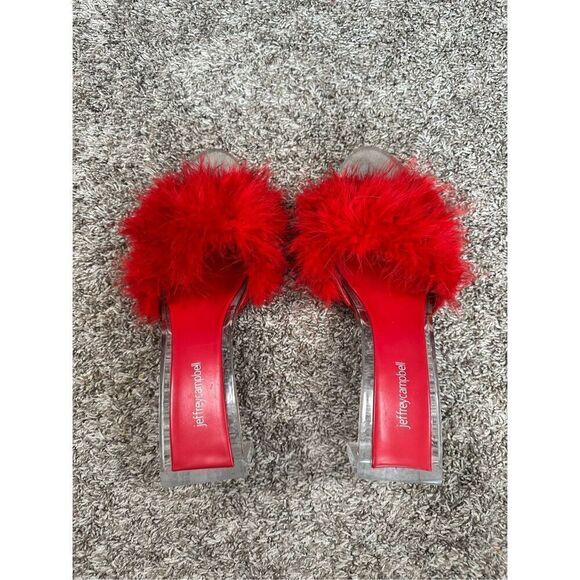 JEFFREY CAMPBELL Luxuries Feather Sandal Acrylic Heels Red Genuine Feathers 11 - Picture 14 of 15